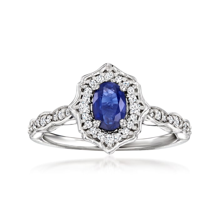 .60 Carat Sapphire and .30 ct. t.w. Diamond Vintage-Style Ring in 14kt White Gold