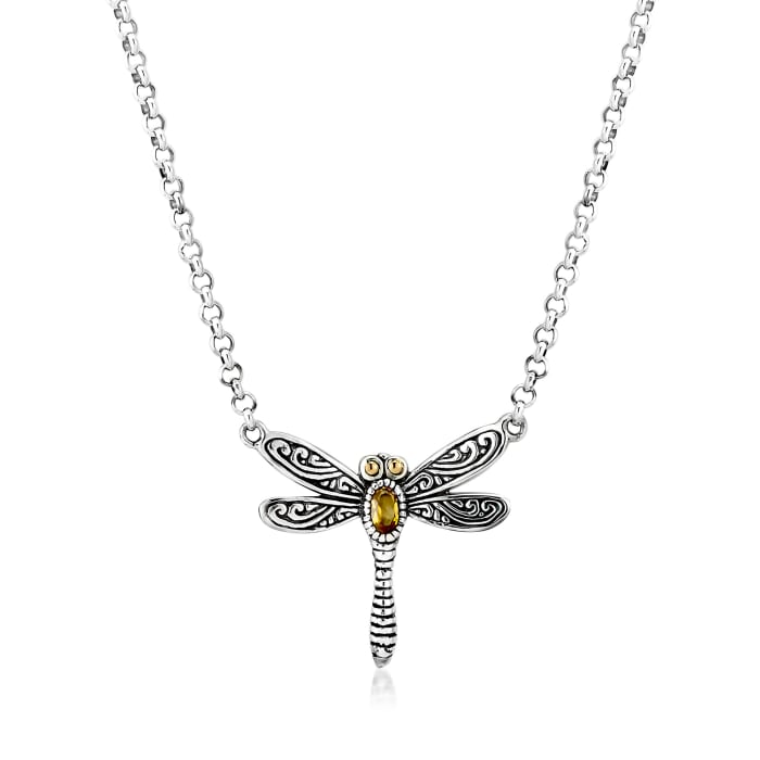 Citrine Dragonfly Necklace in Sterling Silver with 18kt Yellow Gold 18-inch