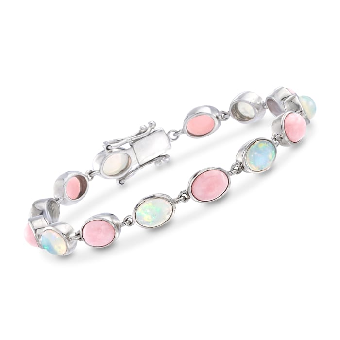 Pink and White Ethiopian Opal Link Bracelet in Sterling Silver 
