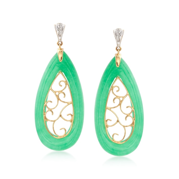 Green Jade Teardrop Scroll Earrings with Diamond Accents in 14kt Yellow Gold