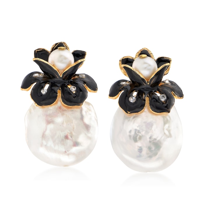 2mm Cultured Pearl Floral Earrings with CZ Accents in 18kt Gold Over Sterling 