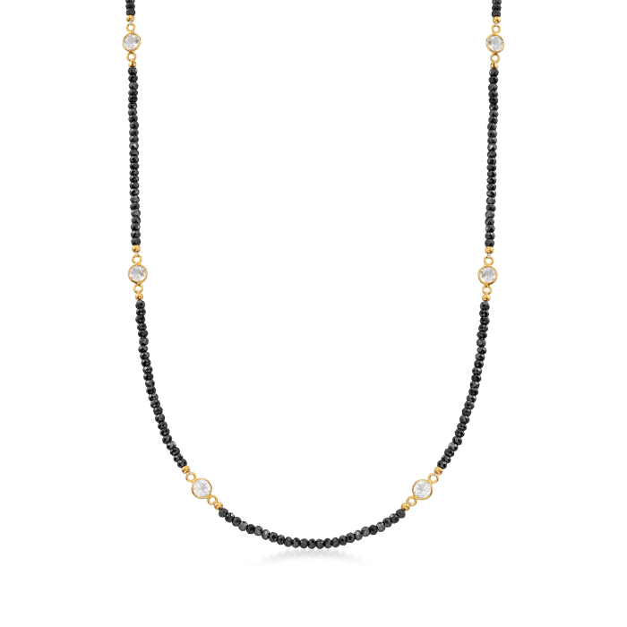 25.00 ct. t.w. Black Spinel Bead and 3.90 ct. t.w. White Topaz Station Necklace in 18kt Gold Over Sterling