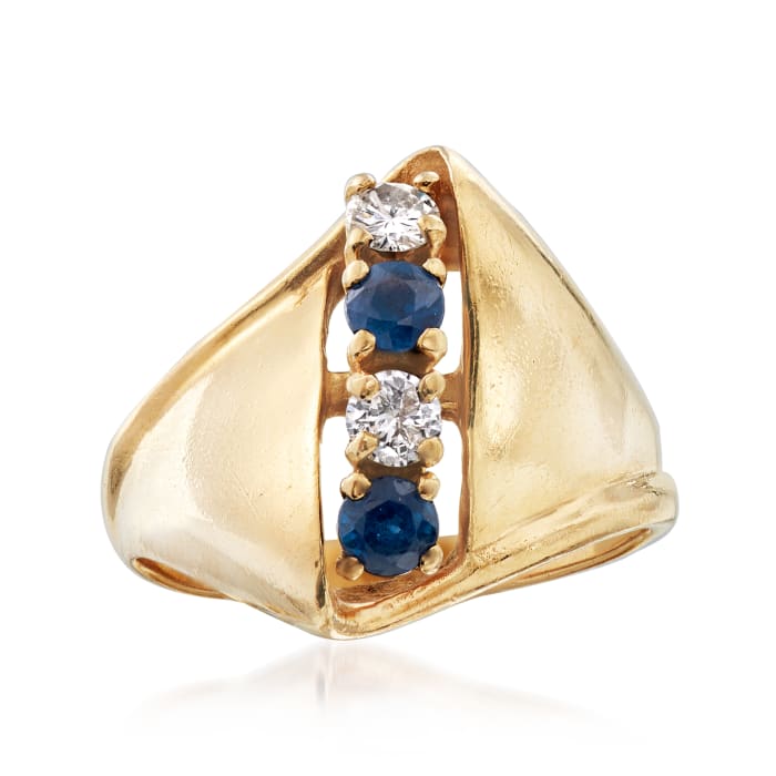 C. 1970 Vintage .40 ct. t.w. Sapphire and .25 ct. t.w. Diamond Ring in 14kt Yellow Gold