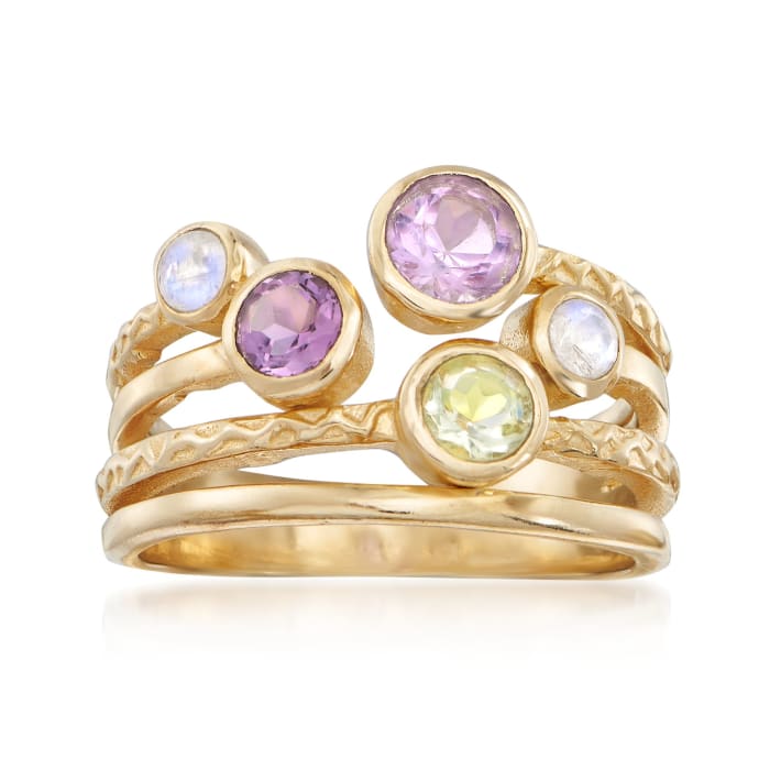 Moonstone, 7.00 ct. t.w. Amethyst and 3.00 Carat Green Prasiolite Ring in 18kt Gold Over Sterling