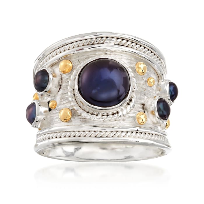 3-8mm Black Cultured Pearl Ring in Sterling Silver and 18kt Gold Over Sterling