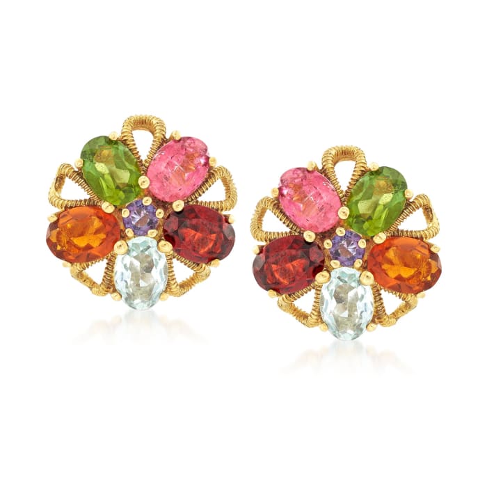 C. 1970 Vintage 7.80 ct. t.w. Multi-Gem Floral Earrings in 18kt Yellow Gold