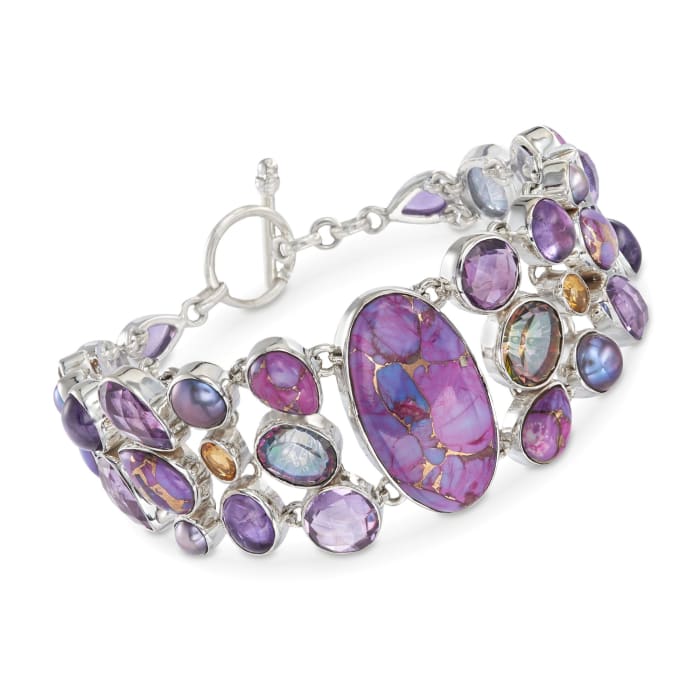 Purple Turquoise and 39.50 ct. t.w. Multi-Stone Mosaic Bracelet in Sterling Silver
