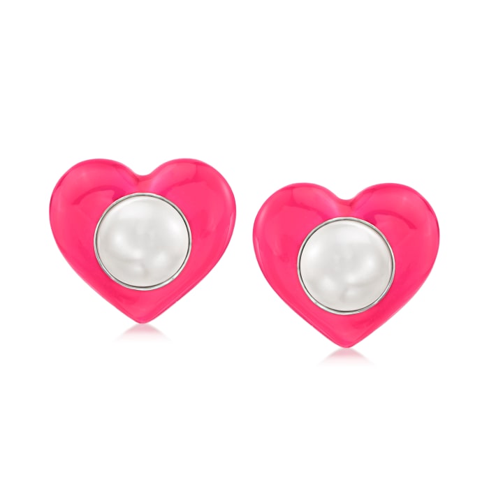 7-7.5mm Cultured Pearl and Pink Enamel Heart Earrings in Sterling Silver