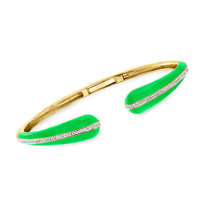 Green Enamel and .20 ct. t.w. Diamond Cuff Bracelet in 18kt Gold Over Sterling