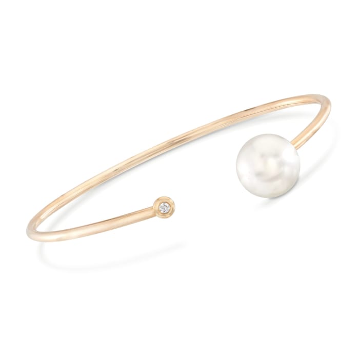 11-12mm Cultured South Sea Pearl Cuff Bracelet with Diamond Accent in 18kt Yellow Gold