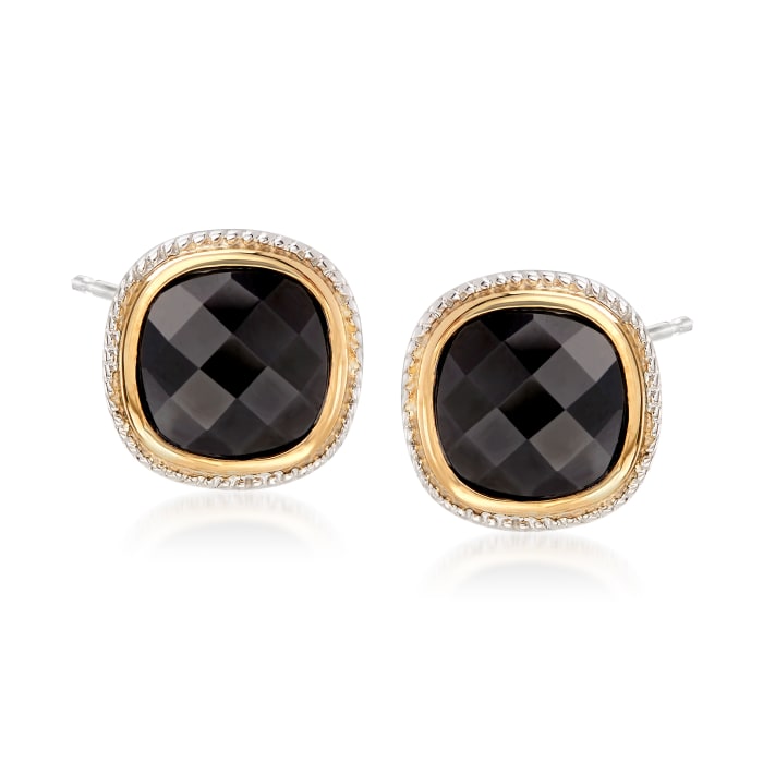 10mm Black Onyx Earrings in Sterling Silver and 14kt Yellow Gold