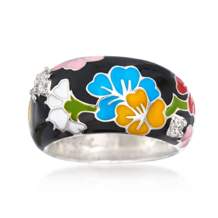 Belle Etoile &quot;Constellations: Sakura&quot; Multicolored Enamel and .15 ct. t.w. CZ Ring in Sterling Silver