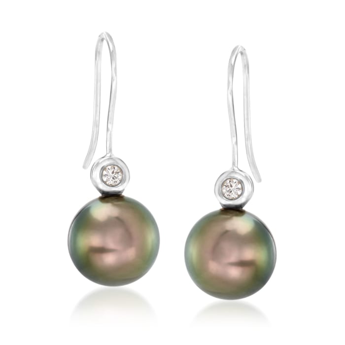9-10mm Black Cultured Tahitian Pearl Drop Earrings with Diamond Accents in 18kt White Gold