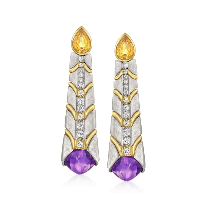 C. 1980 Vintage 18.00 ct. t.w. Amethyst and 2.40 ct. t.w. Citrine Drop Earrings with .80 ct. t.w. Diamonds in Platinum and 18kt Yellow Gold