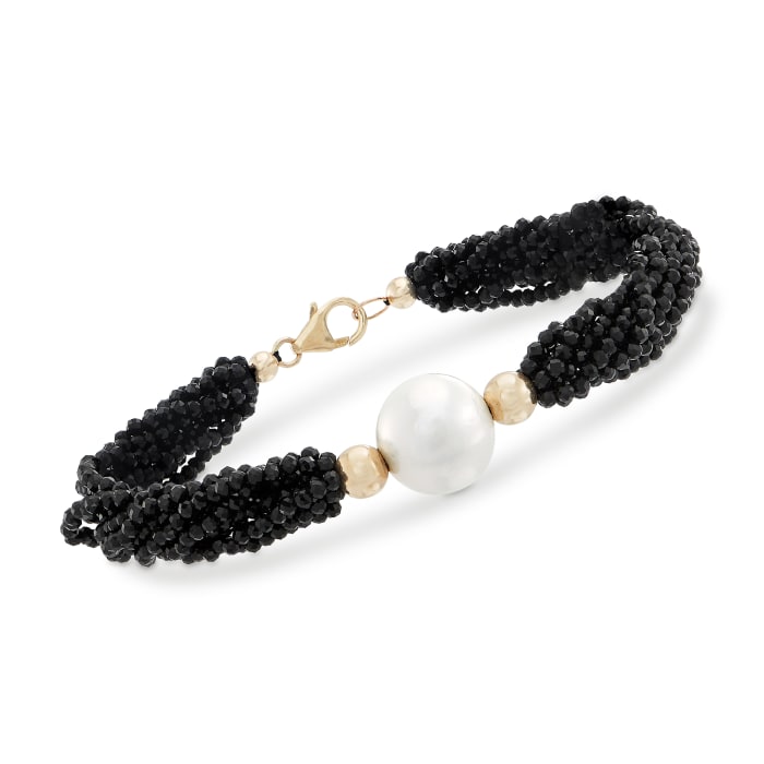 13-14mm Cultured Pearl and 75.00 ct. t.w. Black Spinel Bead Bracelet in 14kt Yellow Gold