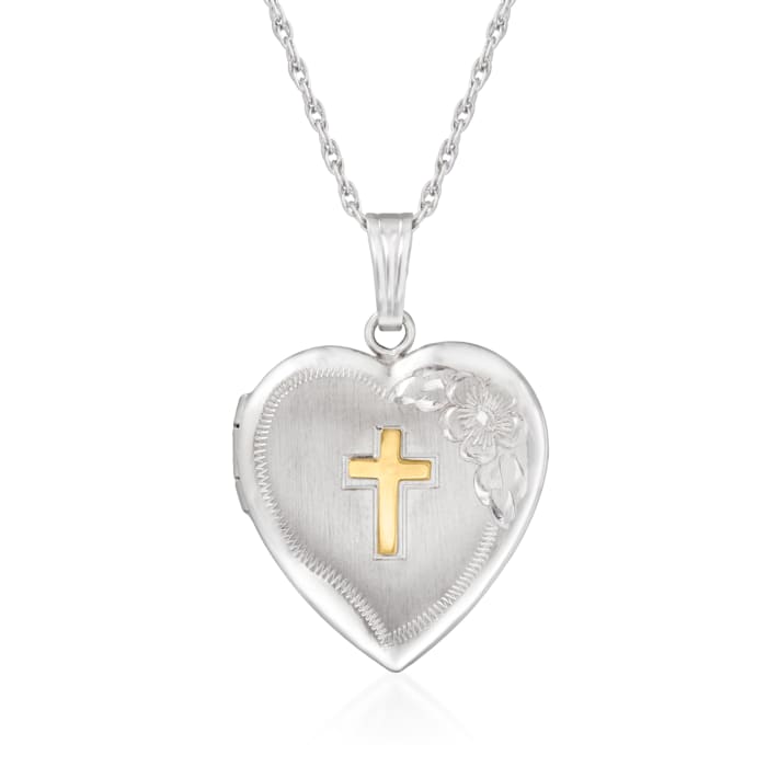 Sterling Silver Floral Heart Locket Necklace with 14kt Yellow Gold Cross