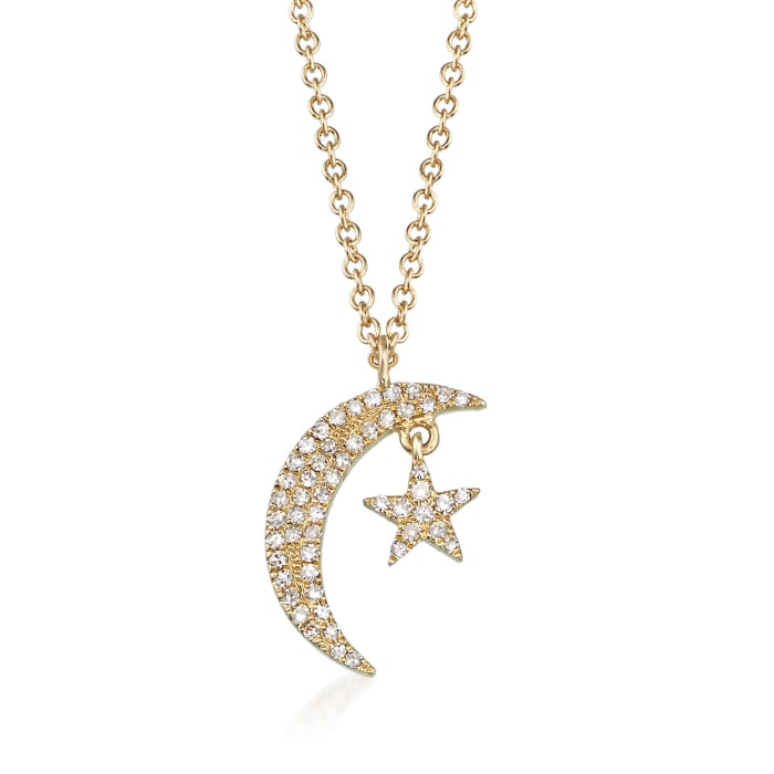 .12 ct. t.w. Diamond Crescent Moon and Star Necklace in 14kt Yellow Gold 