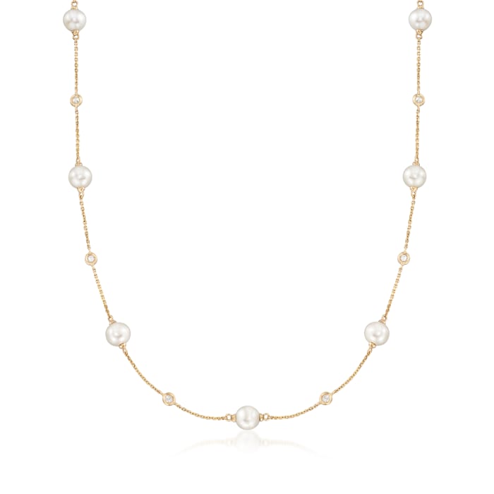 6-7mm Cultured Pearl and .30 ct. t.w. Diamond Station Necklace in 14kt Yellow Gold