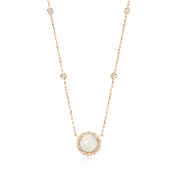 Opal and .19 ct. t.w. Diamond Station Necklace in 14kt Yellow Gold