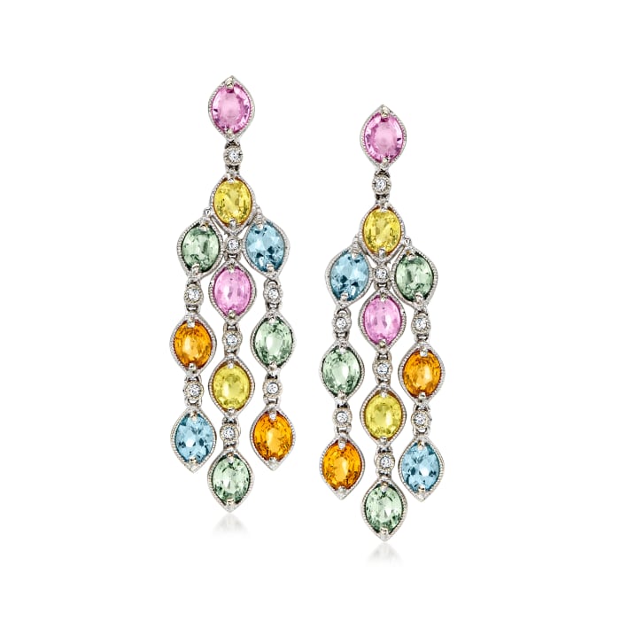 C. 1990 Vintage 9.90 ct. t.w. Multicolored Sapphire and .16 ct. t.w. Diamond Chandelier Earrings in 14kt White Gold