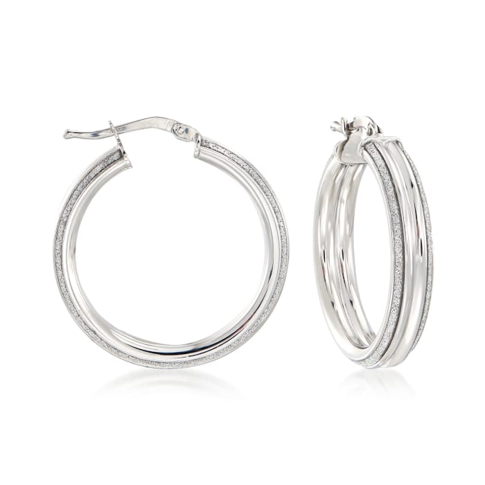 Italian Sterling Silver Hoop Earrings with Silvertone Glitter