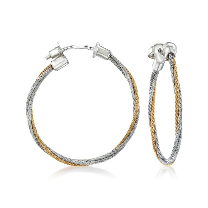 ALOR &quot;Classique&quot; Yellow and Gray Stainless Steel Cable Hoop Earrings with 18kt White Gold