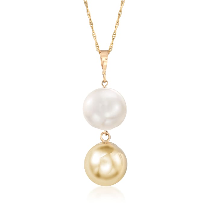 9.5-10mm Cultured Pearl and 14kt Yellow Gold Bead Drop Necklace