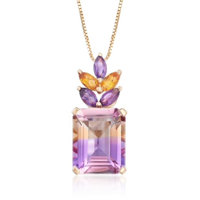 2.70 Carat Ametrine Floral Pendant Necklace with Citrines and Amethysts in 14kt Yellow Gold