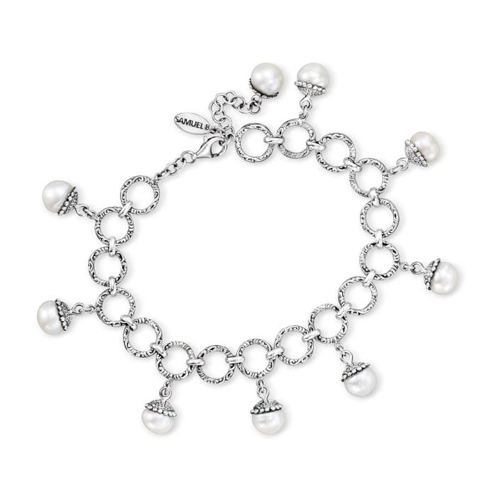 8mm Cultured Pearl Bali-Style Charm Bracelet in Sterling Silver 7-inch
