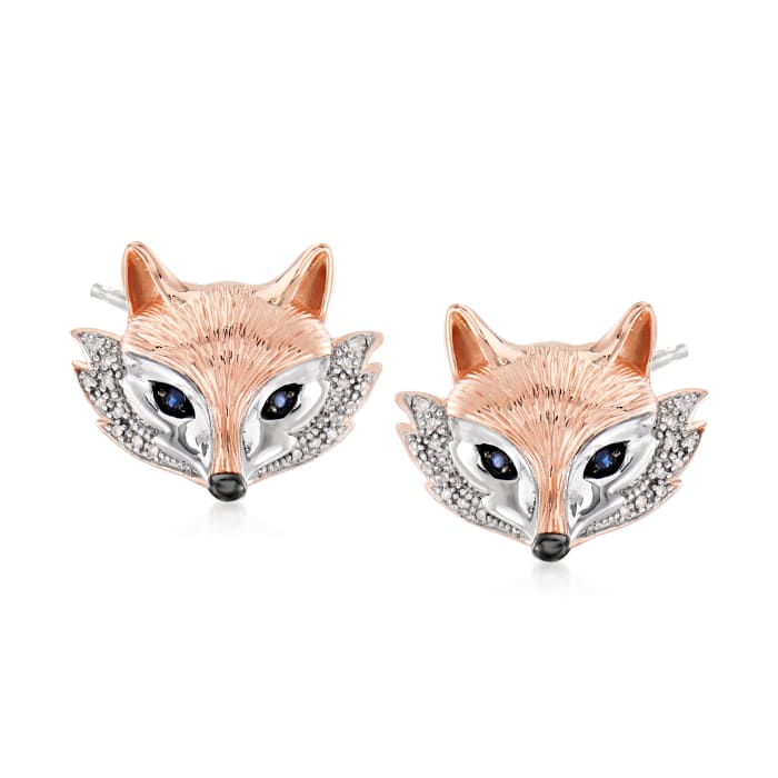 .10 ct. t.w. Sapphire and .10 ct. t.w. Diamond Fox Earrings in Two-Tone Sterling Silver