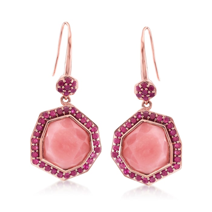 Pink Opal and 3.30 ct. t.w. Ruby Drop Earrings in 18kt Rose Gold Over Sterling Silver