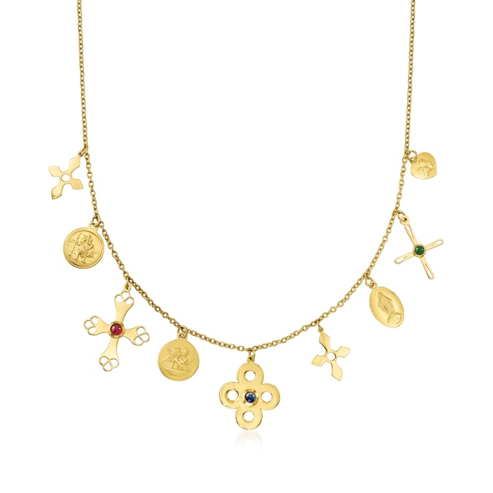 Italian .30 ct. t.w. Multi-Gemstone Religious Charm Necklace in 14kt Yellow Gold