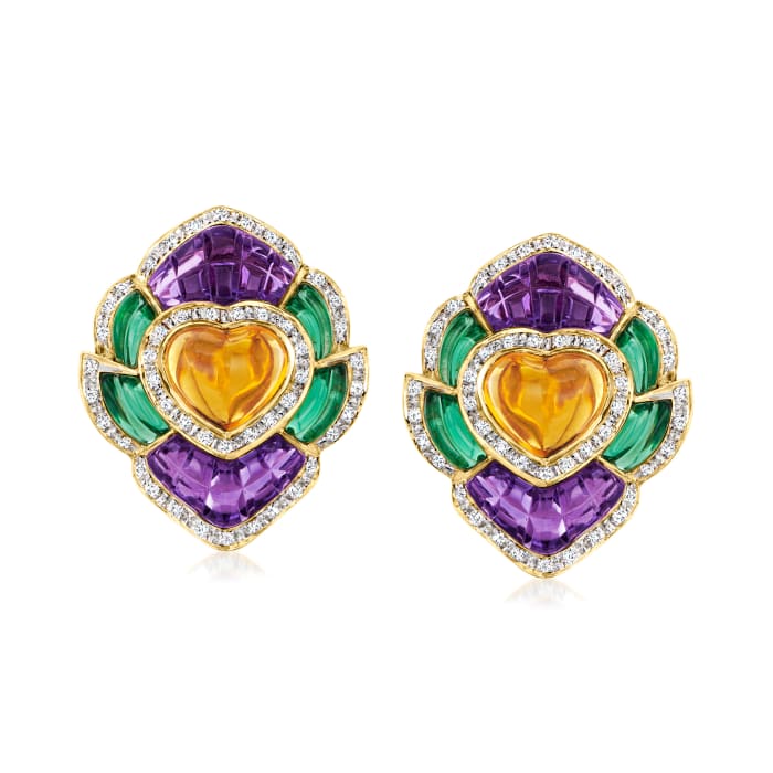 C. 1980 Vintage 22.20 ct. t.w. Multi-Gemstone and 1.40 ct. t.w. Diamond Heart Earrings in 14kt Yellow Gold