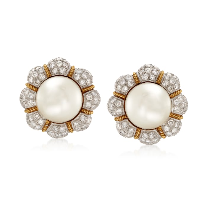 C. 1980 Vintage 14mm Cultured South Sea Pearl and 6.00 ct. t.w. Diamond Flower Clip-On Earrings in 18kt Yellow Gold