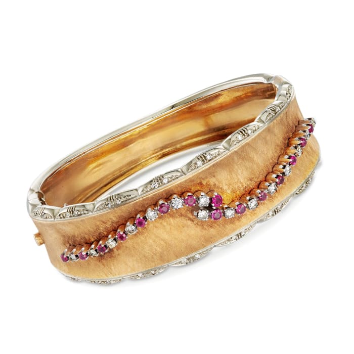 C. 1960 Vintage 1.05 ct. t.w. Ruby and .85 ct. t.w. Diamond Bangle Bracelet in 18kt Two-Tone Gold