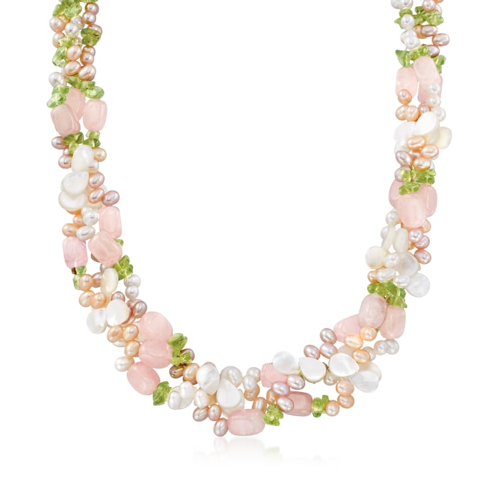4-5mm Multicolored Cultured Pearl and Multi-Gemstone Torsade Necklace with Sterling Silver