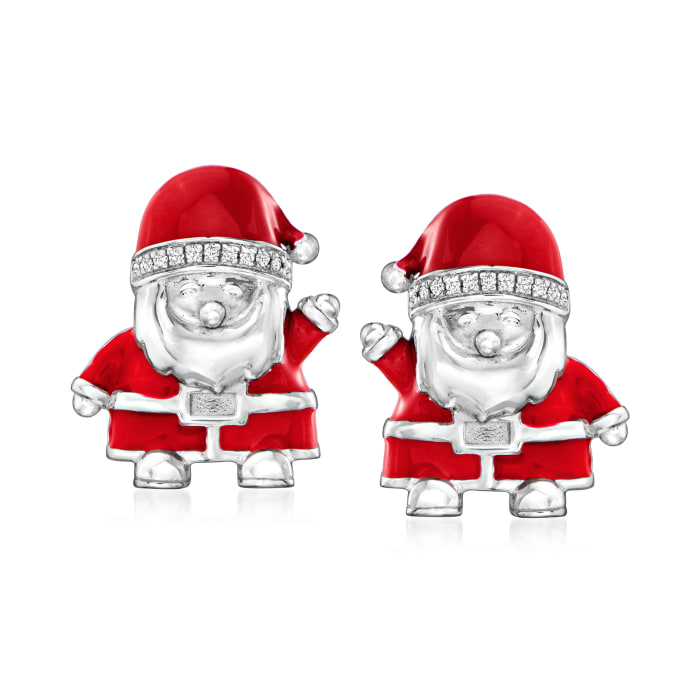 Sterling Silver Santa Earrings with Diamond Accents and Red Enamel