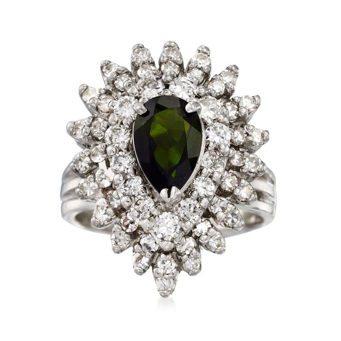 C. 1970 Vintage 1.00 Carat Green Tourmaline and 1.35 ct. t.w. Diamond Ring in 14kt White Gold