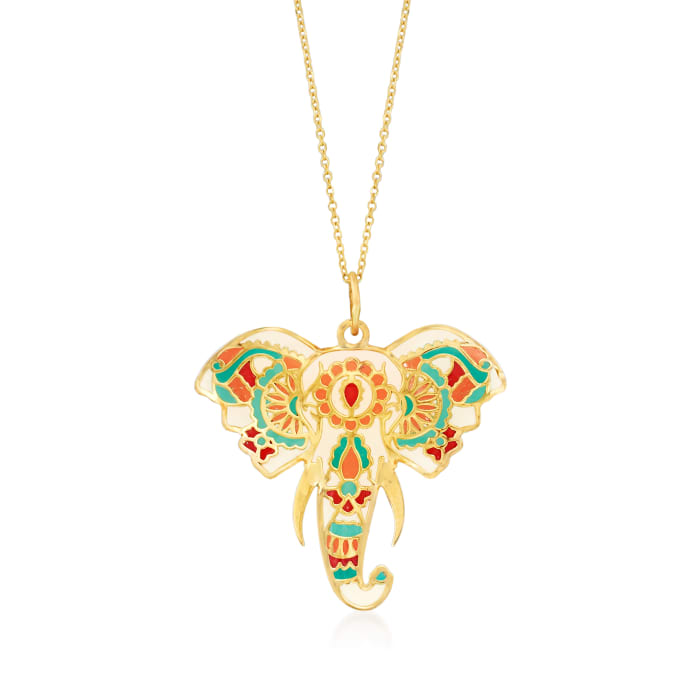 Multicolored Enamel Elephant Head Pendant Necklace in 14kt Yellow Gold
