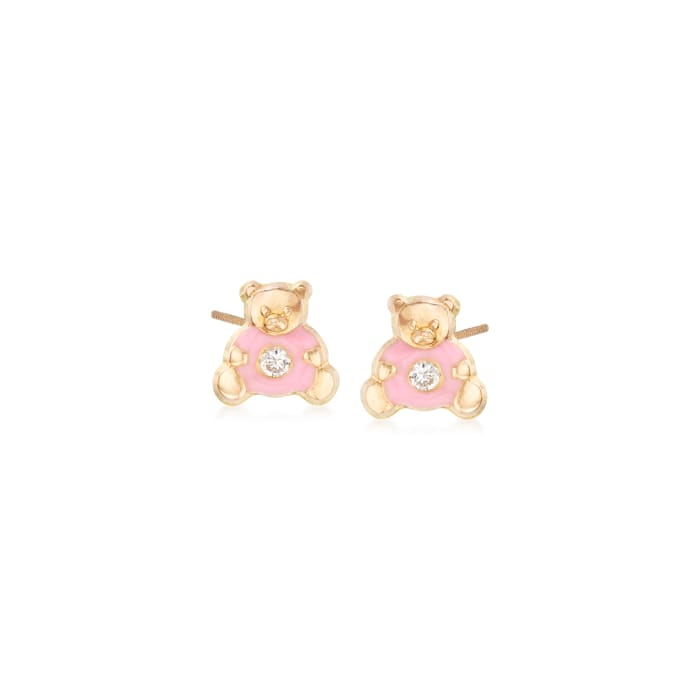 Child's CZ-Accented Teddy Bear Stud Earrings in 14kt Yellow Gold