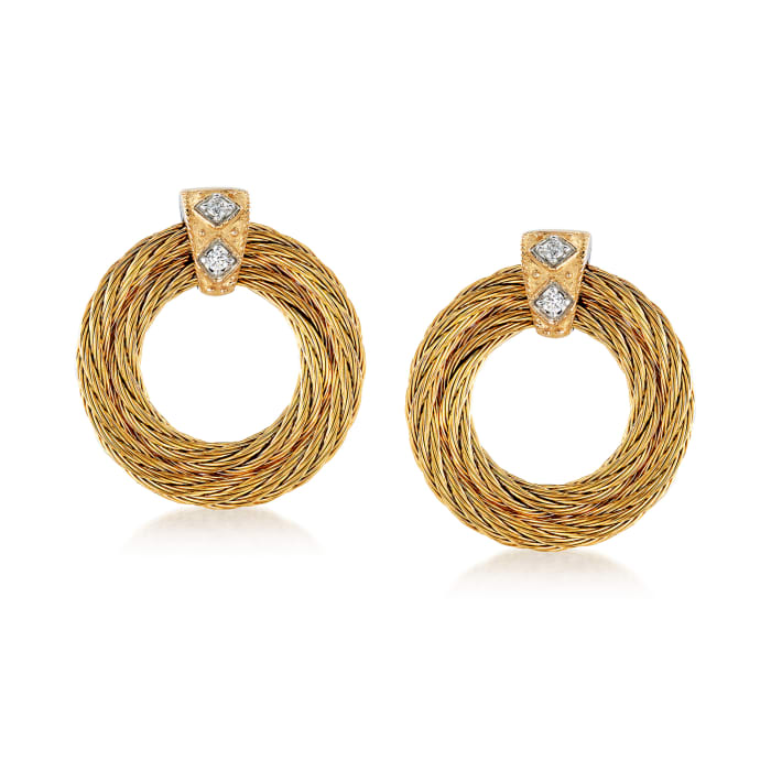 ALOR &quot;Classique&quot; Yellow Stainless Steel Cable Earrings with Diamond Accents and 18kt Yellow Gold