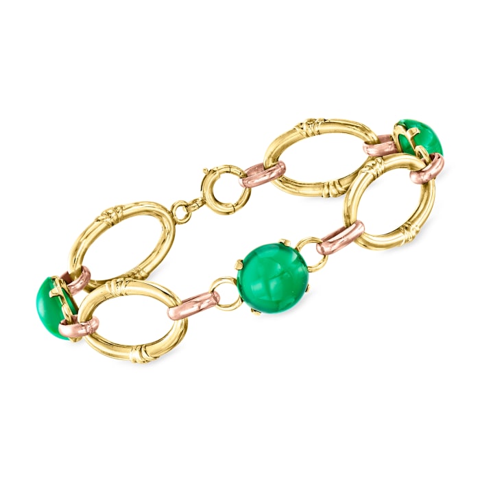 C. 1950 Vintage Green Chalcedony Oval-Link Bracelet in 14kt Two-Tone Gold
