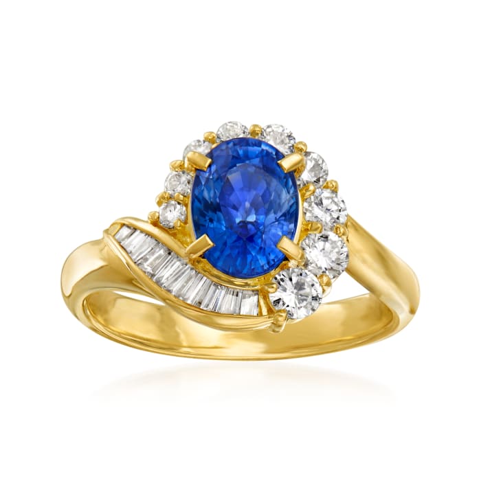 C. 1990 Vintage 1.72 Carat Sapphire and .58 ct. t.w. Diamond Ring in 18kt Yellow Gold