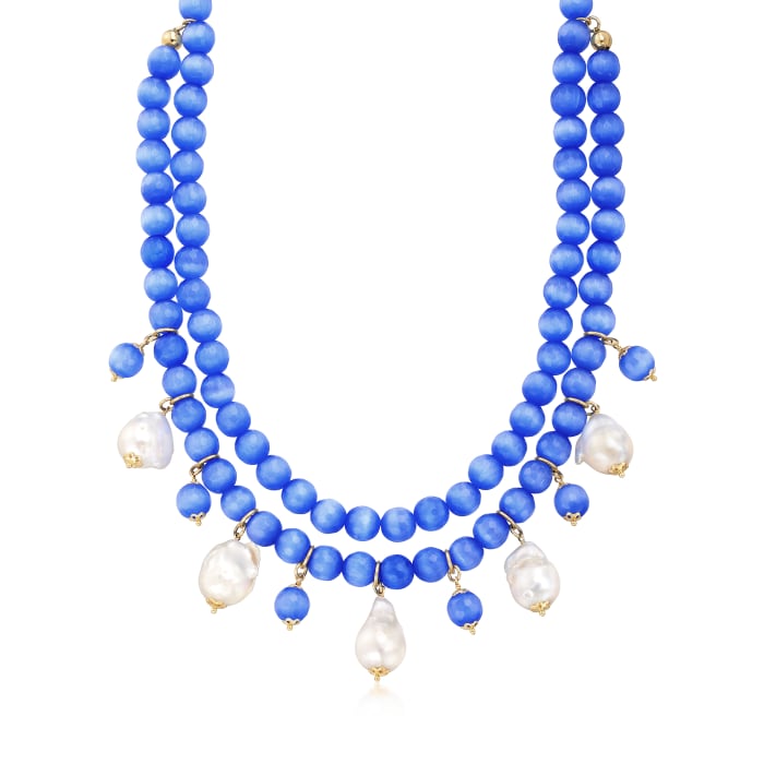 Italian 15-16mm Cultured Baroque Pearl and Blue Glass Bead Necklace in 18kt Gold Over Sterling