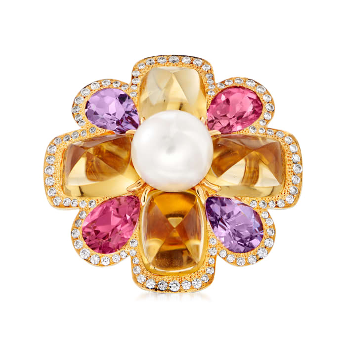 C. 1980 Vintage Chanel Cultured Pearl and 11.20 ct. t.w. Multi-Gemstone Flower Ring with .40 ct. t.w. Diamonds in 18kt Yellow Gold