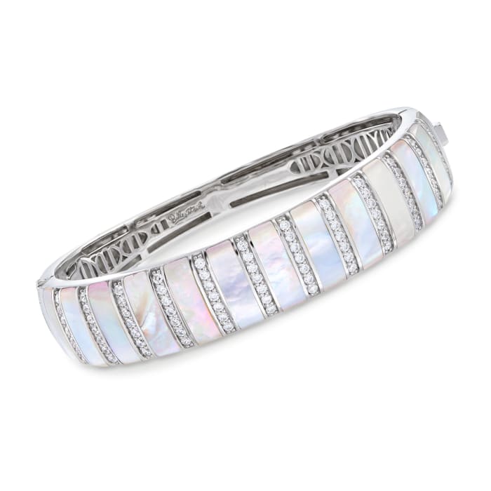 Belle Etoile &quot;Regal&quot; Mother-Of-Pearl and 1.25 ct. t.w. CZ Bangle Bracelet in Sterling Silver