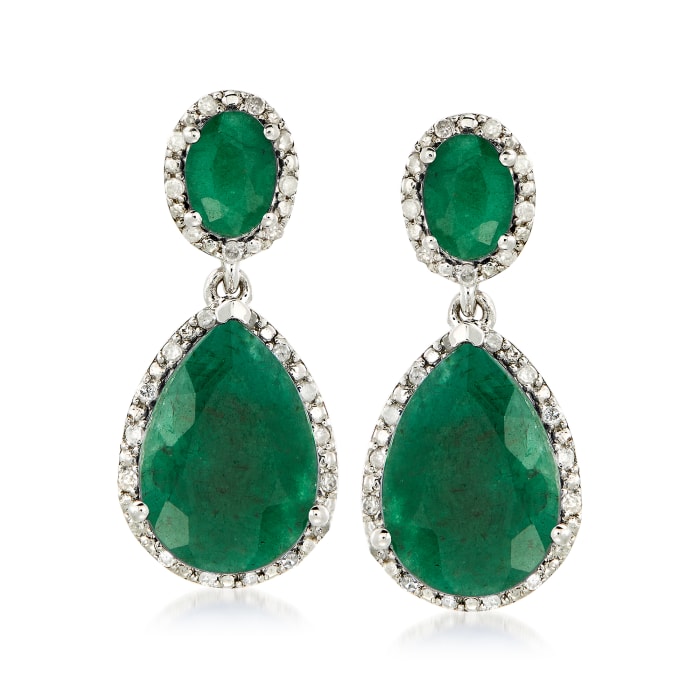 10.50 ct. t.w. Emerald and .35 ct. t.w. Diamond Drop Earrings in Sterling Silver
