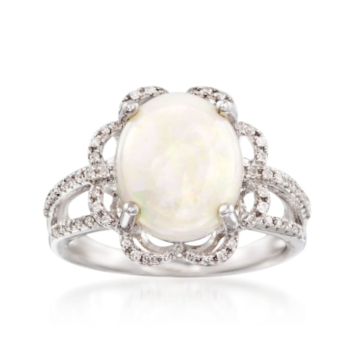 Opal and .21 ct. t.w. Diamond Ring in 14kt White Gold | Ross-Simons