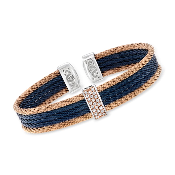 ALOR &quot;Classique&quot; Blue and Rose Stainless Steel Cable Cuff Bracelet with .19 ct. t.w. Diamond Station in 18kt Rose Gold