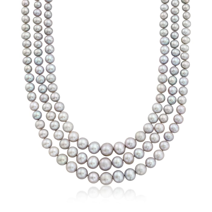 6-11.5mm Gray Cultured Pearl Graduated Three-Strand Necklace with 14kt Yellow Gold